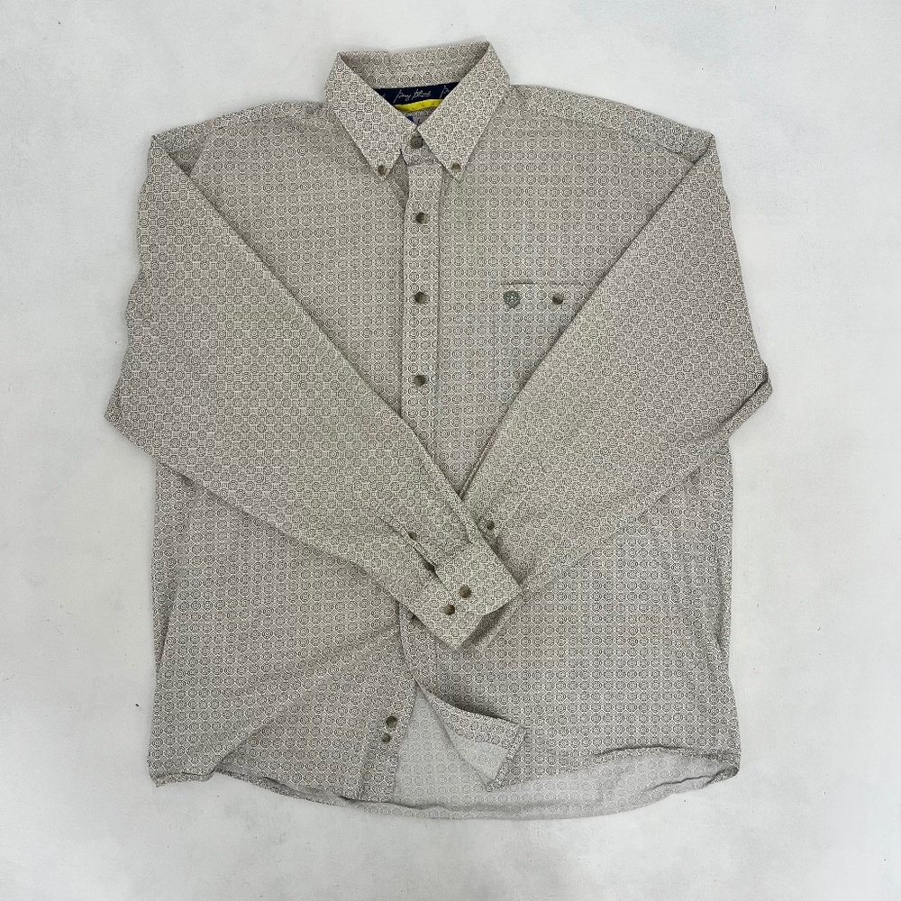 George Straight Straight Wrangler Mens Geometric Button Down Shirt Beige Cowboy‎